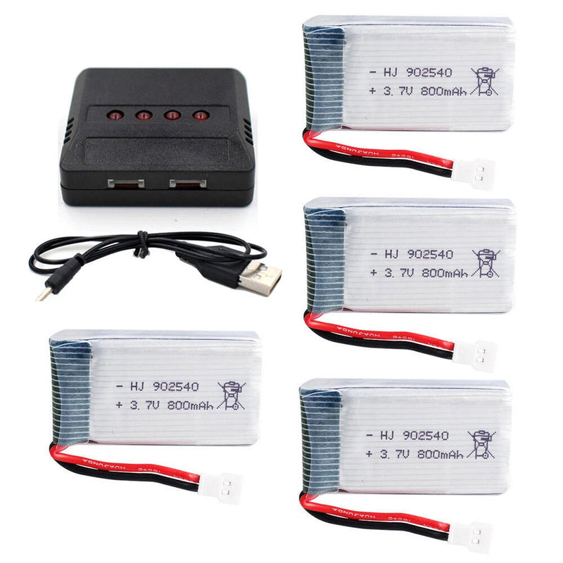 4Pcs 3.7V 800mAh 902540 20C LiPo Battery XH2.54 Plug+USB Charger For RC Airplane