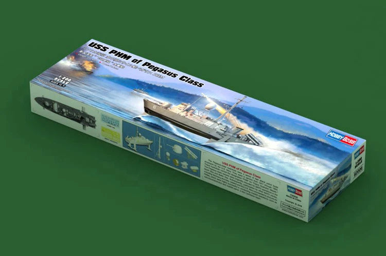 USS Pegasus PHM model kit box, 1:200 scale HobbyBoss, detailed ship artwork and markings