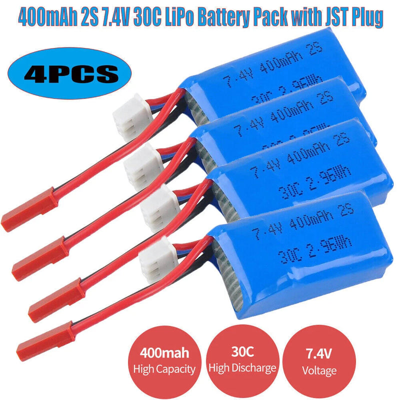 4PCS 400mAh 7.4V 30C 2S LiPo Battery JST Plug for Micro FPV RC Drone Quadcopter