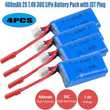 4PCS 400mAh 7.4V 30C 2S LiPo Battery JST Plug for Micro FPV RC Drone Quadcopter