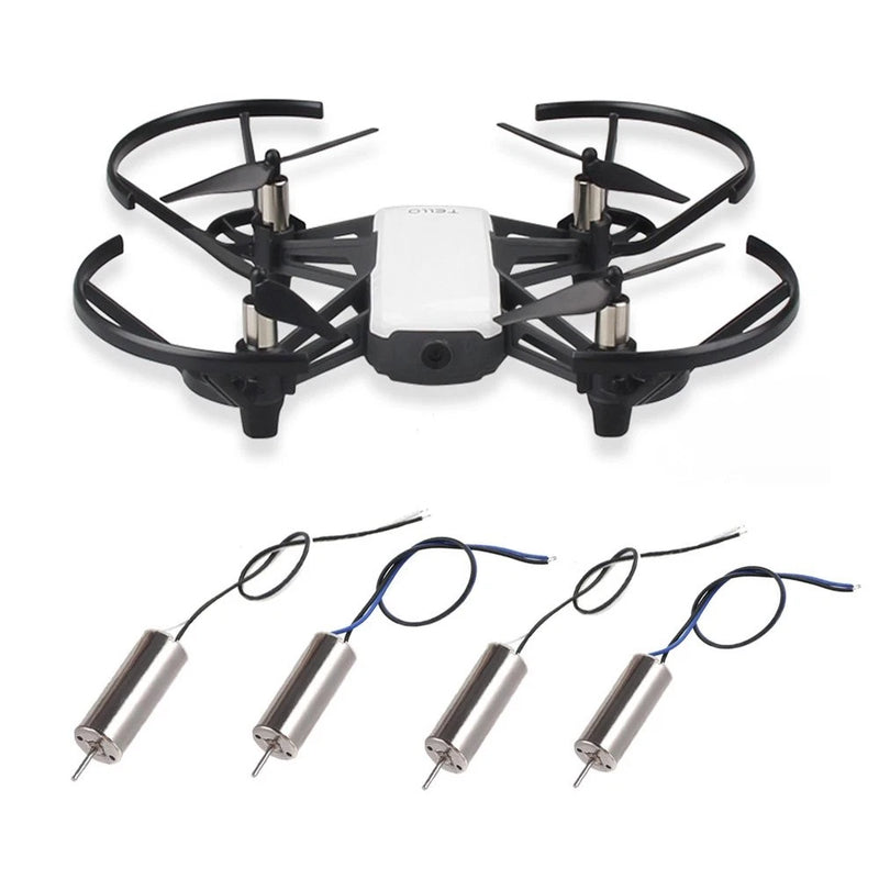 Coreless drone motor set with prop mounts, four cylindrical motors and blue wire leads