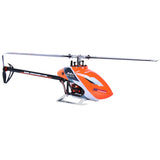 Orange RC helicopter with main and tail rotor blades, canopy and landing skids