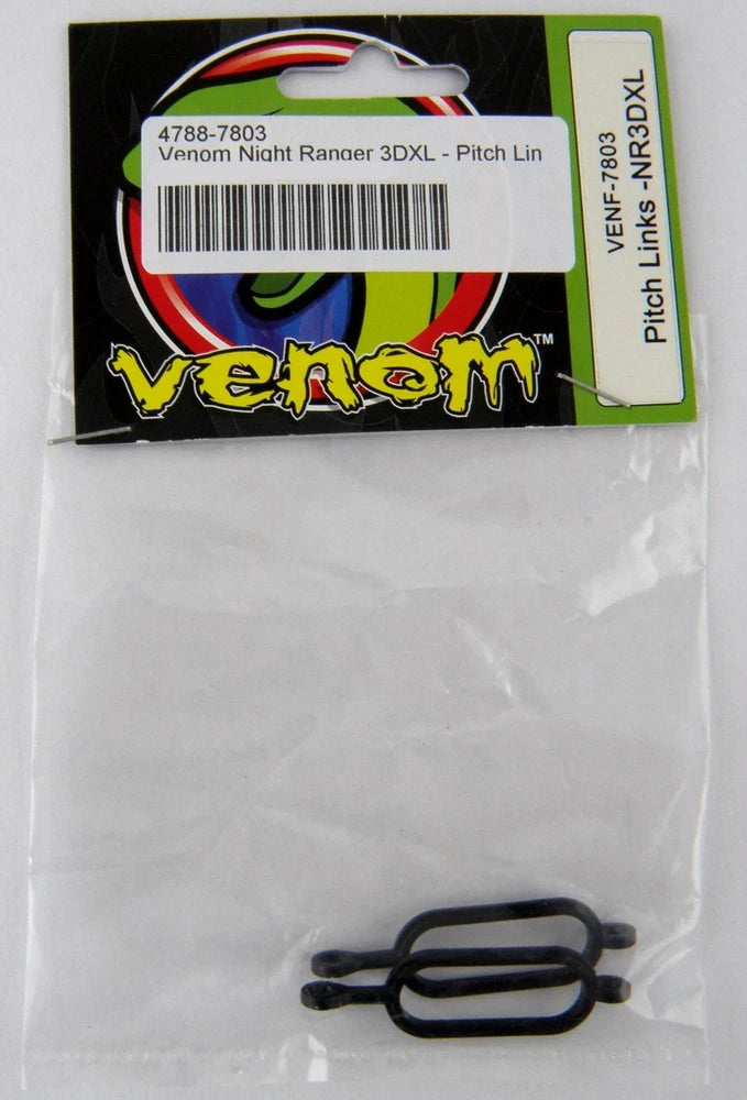 Black pitch link set for Venom 3DXL RC helicopter, small hardware in package