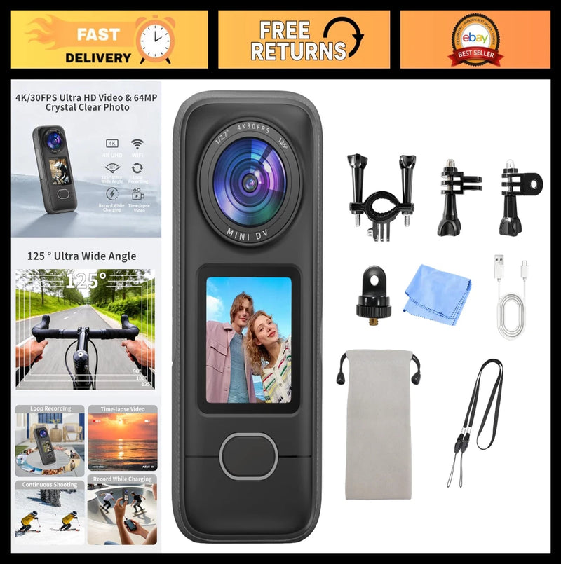 4K Waterproof Action Camera, 3.5Hrs Battery, Hands-Free Vlogging, WiFi, HD Scree
