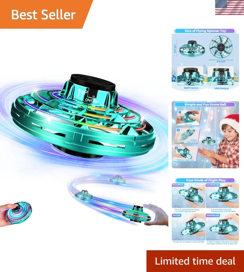 Teal mini rechargeable flying drone with spinning LED lights, compact toy for play