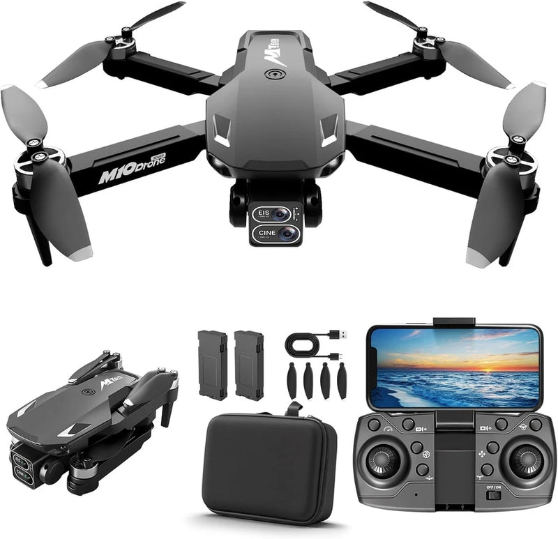 Quadcopter drone with camera, remote controller, and carrying case with accessories
