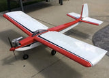 Red and white RC sport airplane wing and fuselage with landing gear, side view