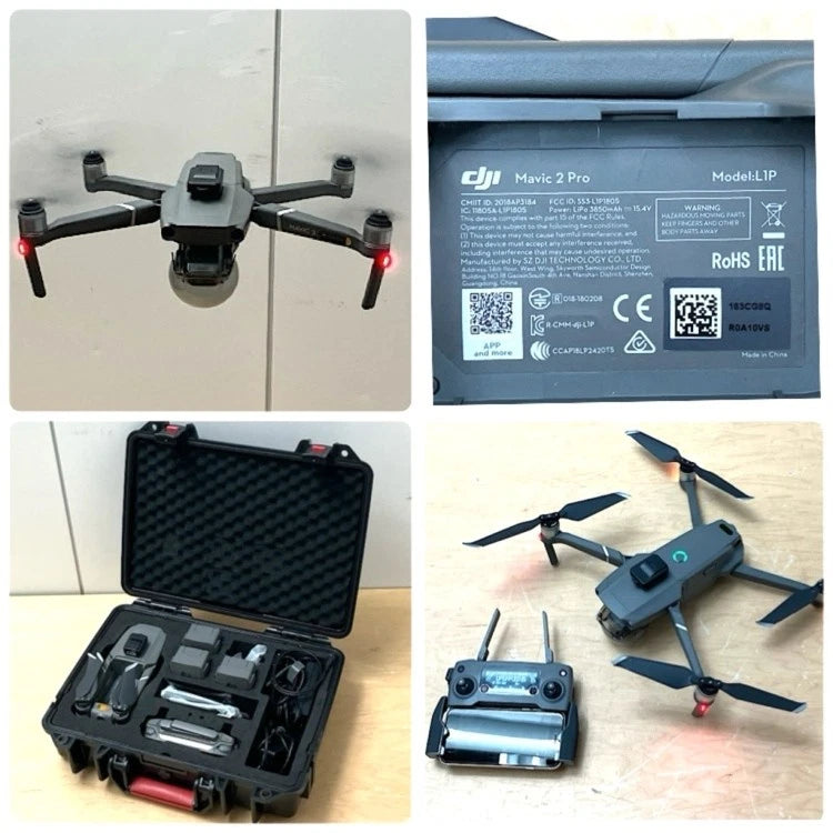 Quadcopter drone with propellers and hard case, plus product box labels