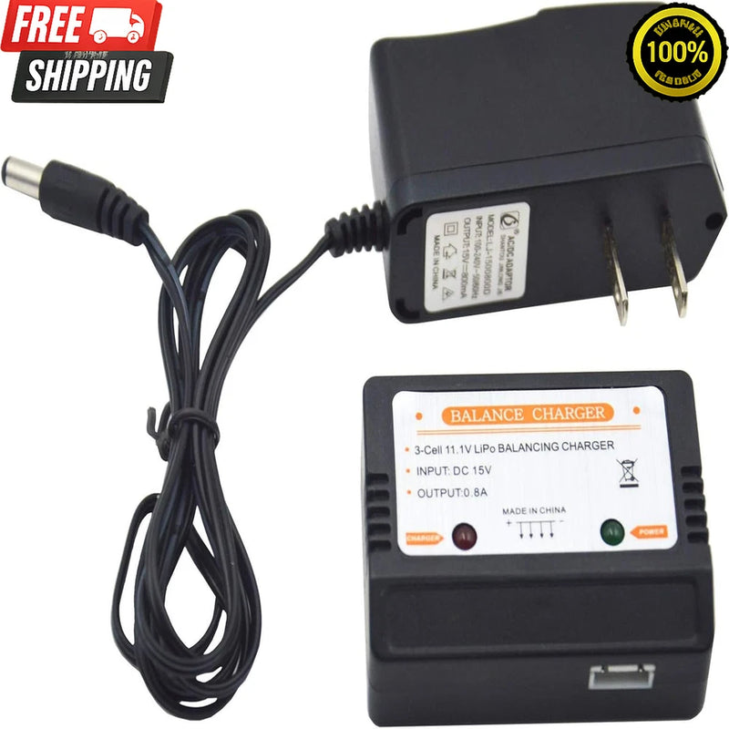 Black balance charger for 3-cell LiPo batteries with XH-4P connector and power cable