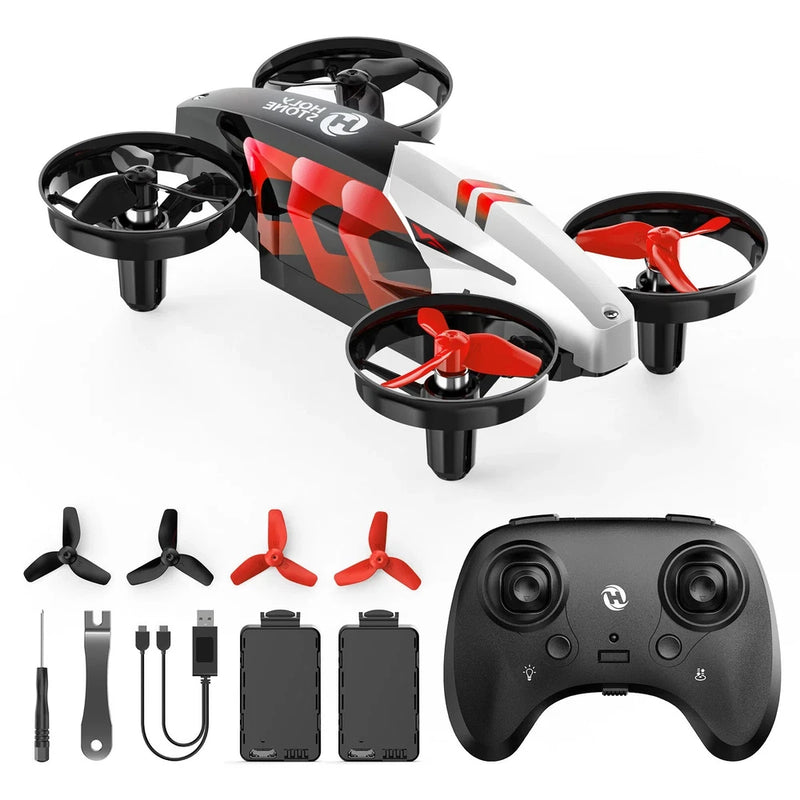 Mini RC drone with controller and red/white prop guards, spare batteries, and tools