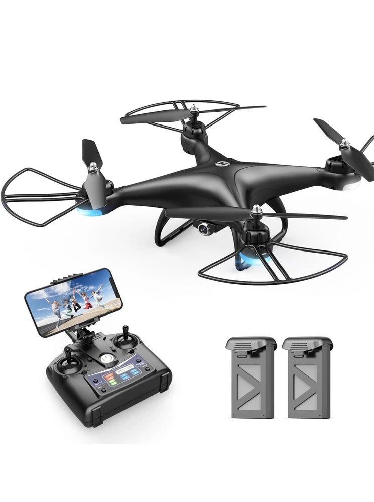 Black FPV RC drone with controller and two spare batteries