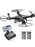 Black FPV RC drone with controller and two spare batteries