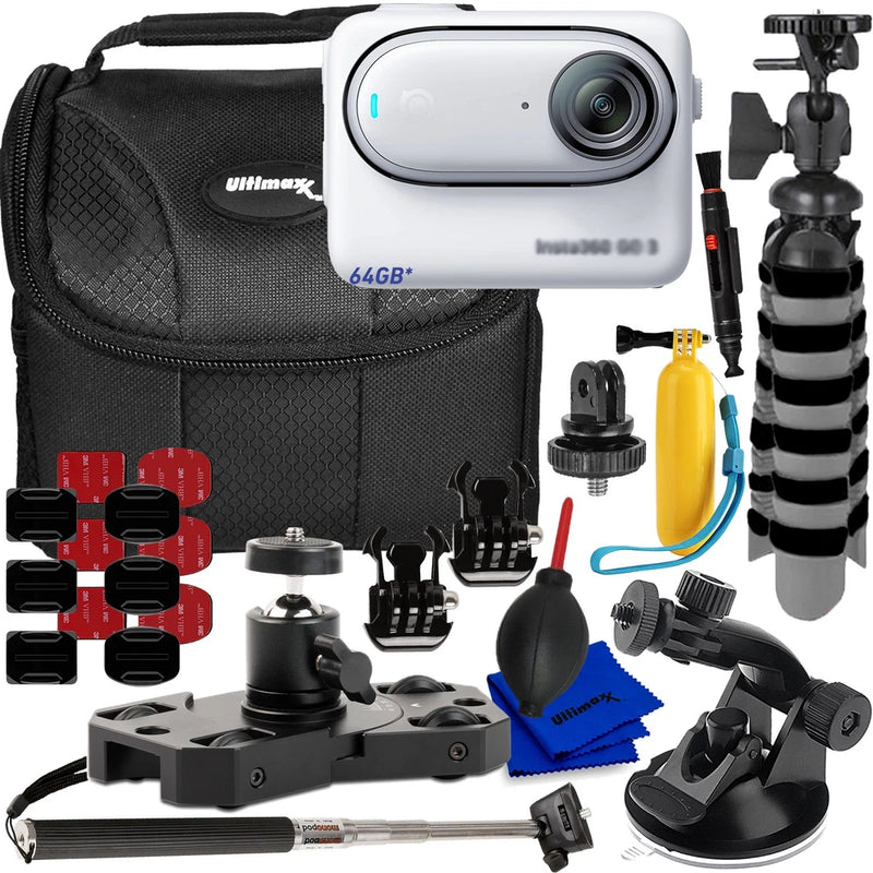 Arctic white action camera kit with mounts, handle, accessories, and carrying case