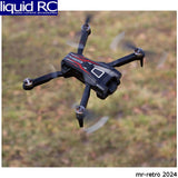 Quadcopter FPV drone with dark body, red accents, and front camera module