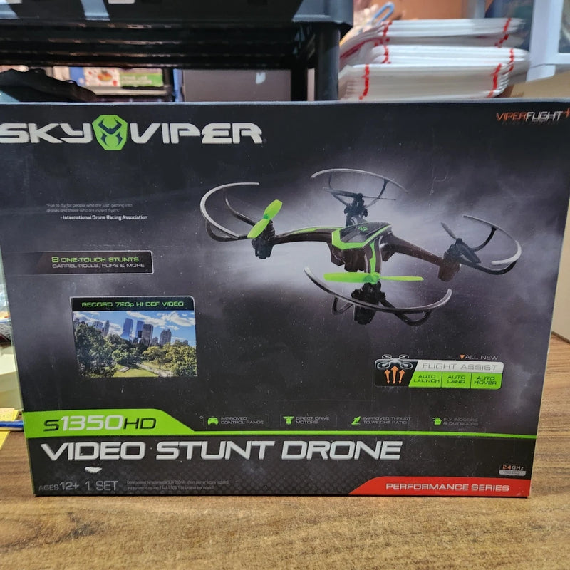 Sky Viper video stunt drone box with black and green quadcopter graphics