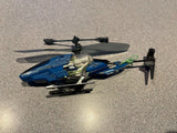 Blue and black remote control helicopter toy for parts repair, with rotor blades