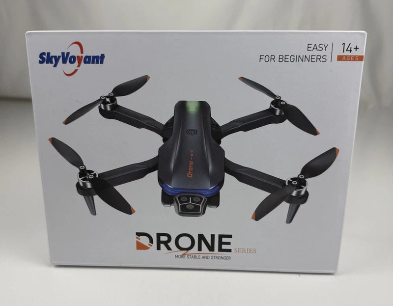 Skyvoyant drone series quadcopter retail box with 4-blade drone illustration