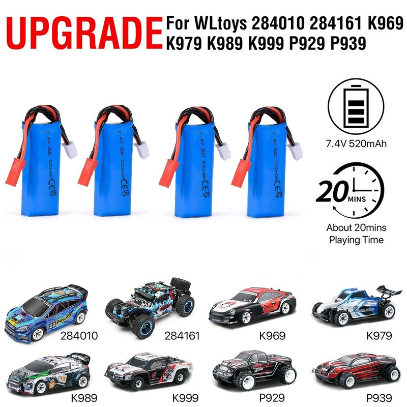 4pcs 7.4V 520mAh Lipo Battery for WLtoys K969 K979 K989 K999 P939 284161 RC Car