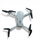 Mini drone with HD 4K camera, white body and four black propeller arms