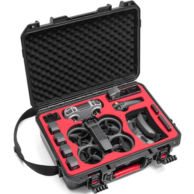 Waterproof hard case with foam insert holding red and black drone components and controller