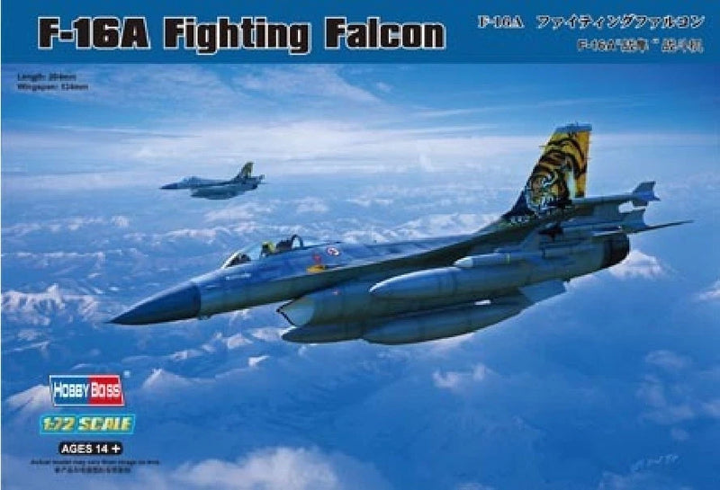 HobbyBoss 1/72 F-16A Fighting Falcon model kit box with aircraft artwork, ages 14+.
