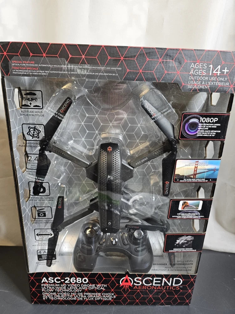 Boxed drone with HD 1080p camera kit, includes controller and spare parts