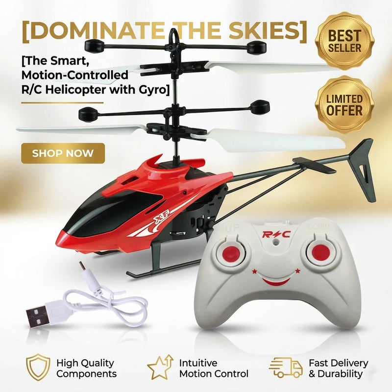 Red mini RC helicopter drone with black canopy and white motion remote controller