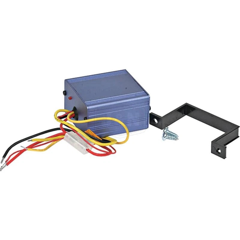 DC-DC voltage converter with aluminum case, wire leads and mounting bracket for 24V to 12V.