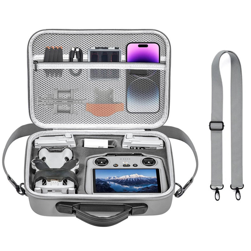 Shockproof drone accessories storage case, open grey hard shell with mesh pockets