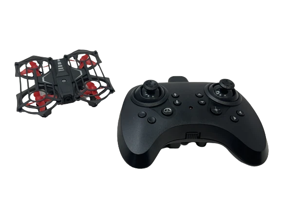 Portable mini quadcopter drone with red accents and black remote controller