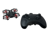 Portable mini quadcopter drone with red accents and black remote controller