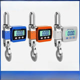 Compact electronic hook scale with metal hook and digital display, shown in blue, orange, and gray