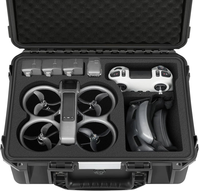 Hard protective drone case with foam insert, holding quadcopter and controller