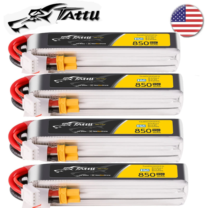 4X Tattu 850mAh 95C 11.4V HV 3S Lipo Battery XT30 Plug-Long For FPV Quadcopter Battery