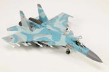 1/72 fighter jet model with blue camouflage, twin-tail, and mounted missile, side view
