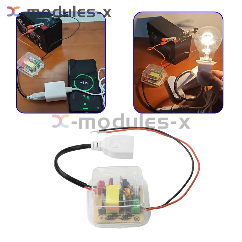 DC to 220V boost inverter module in clear enclosure with wiring and connectors