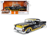 1955 CHEVROLET BEL AIR MATT BLACK W/FLAMES 1/24 DIECAST MODEL CAR BY JADA 36606