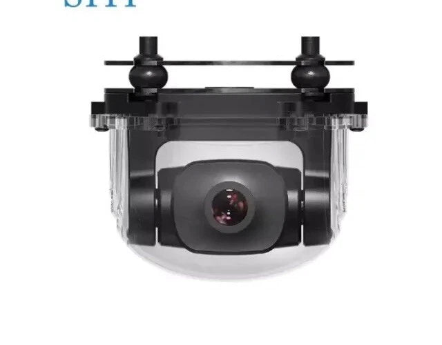 Black FPV camera gimbal with wide-angle lens in clear housing