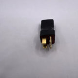 Black T-plug battery connector with gold pins and red insulator