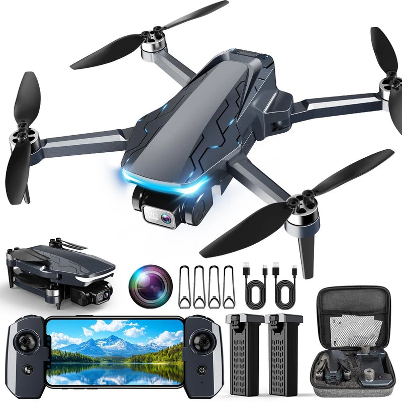 Charcoal foldable GPS drone with 2K camera, four propellers, control screen