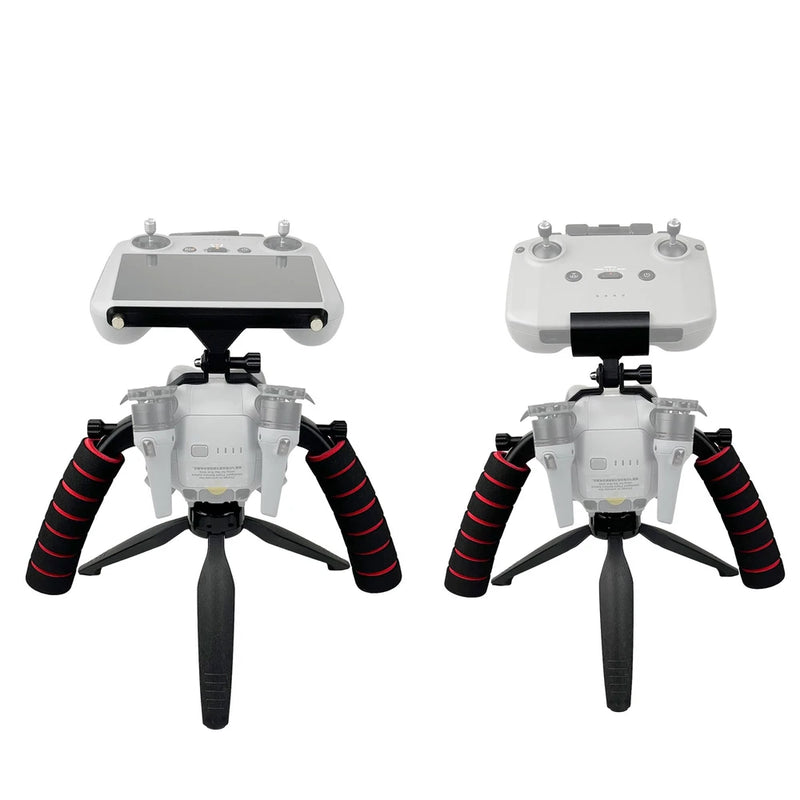 Drone tripod stand with dual handle stabilizer, gray base and black grips
