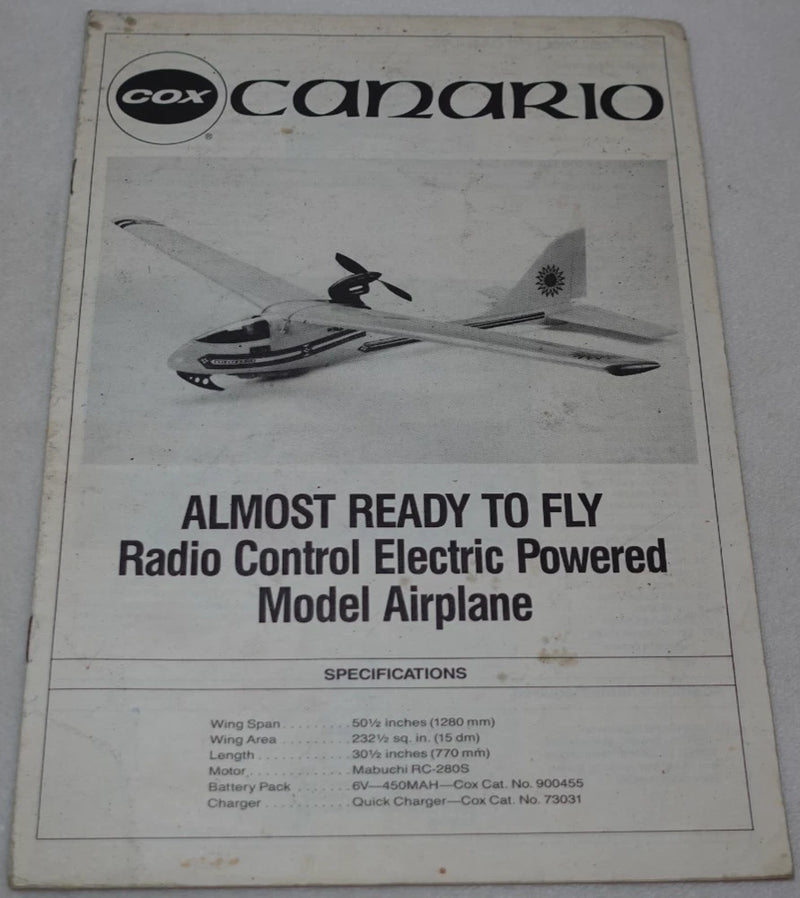 Canario Radio Control Electric Powered Model Airplane Cox Hobbies 1985 Manual