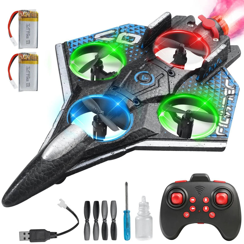Black LED mini RC fighter jet drone with colorful lights, remote controller and spare propellers.