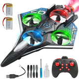 Black LED mini RC fighter jet drone with colorful lights, remote controller and spare propellers.
