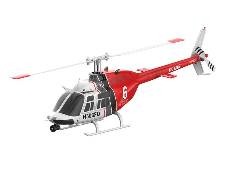 Red RC helicopter model with landing skids, tail rotor, and detailed cockpit windows