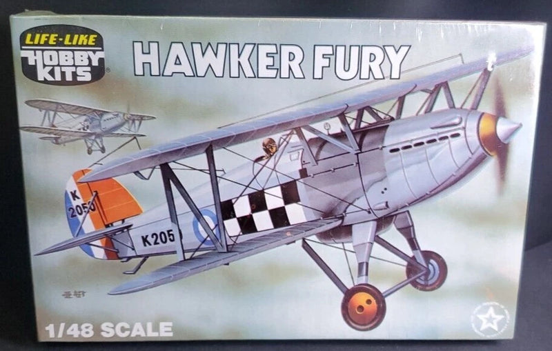Sealed 1/48 scale Hawker Fury biplane fighter model kit in printed box