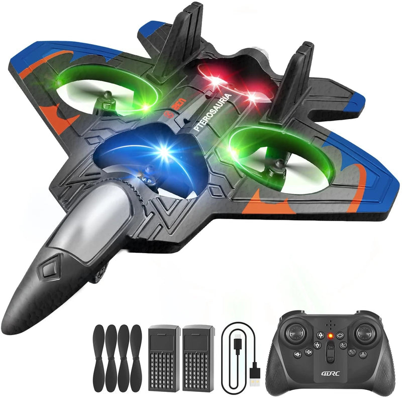 Blue-and-black LED foam RC airplane with controller and accessory pack