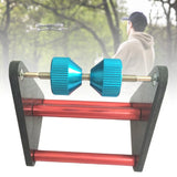 Compact prop balancer with blue balance wheels on metal stand for RC propellers