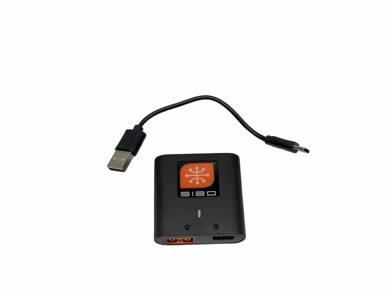 Compact black RC smart battery charger with USB-C cable and orange LED display