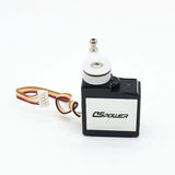 RC servo motor with white horn, connected color wires, and black controller box